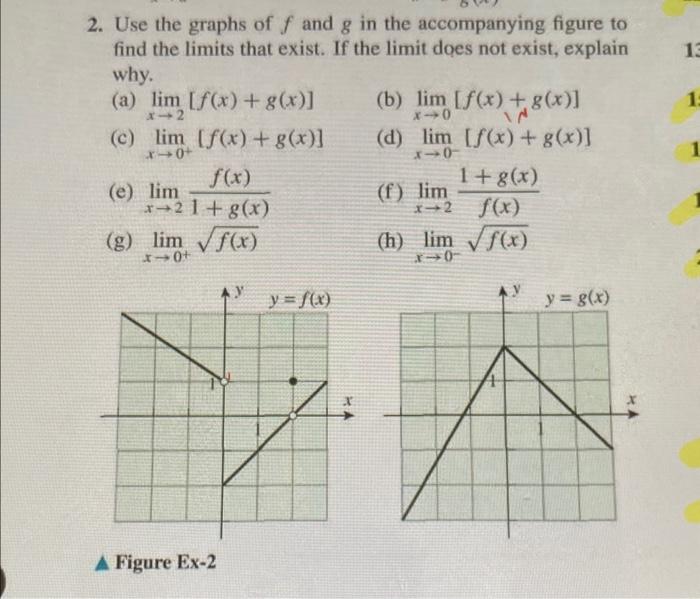 2. Use the graphs of \( f \) and \( g \) in the accompanying figure to find the limits that exist. If the limit does not exis