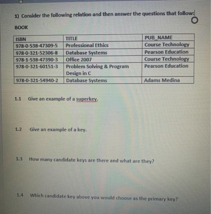 Solved 1) Consider the following relation and then answer | Chegg.com