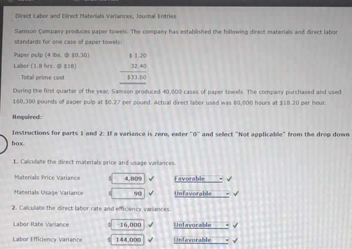 Solved Direct Labor And Direct Materials Variances Journal Chegg