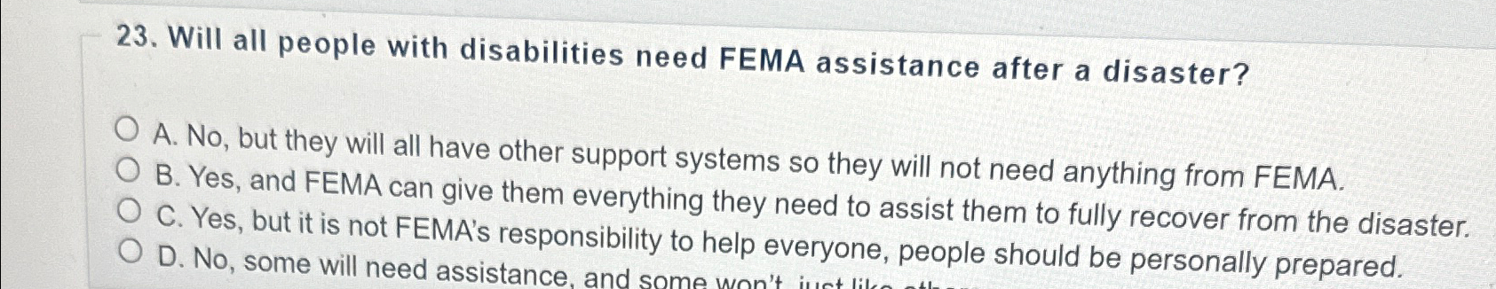 Solved Will All People With Disabilities Need FEMA | Chegg.com