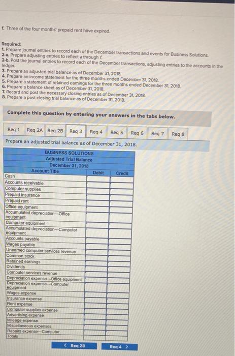 4. Three of the four months prepaid rent have expired.
Required:
1. Prepare joumal entries to record each of the December tr