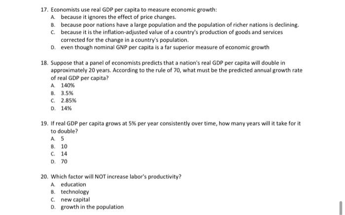 Solved 17. Economists Use Real GDP Per Capita To Measure | Chegg.com