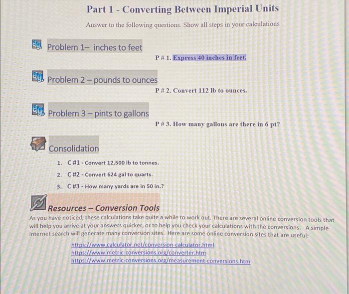 Solved Part 1 Converting Between Imperial Units Answer To Chegg