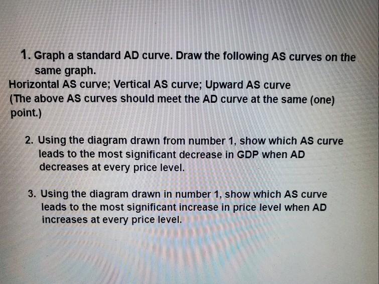 Solved 1. Graph a standard AD curve. Draw the following AS | Chegg.com