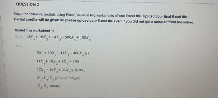 QUESTION 2 Solve the following models using Excel | Chegg.com