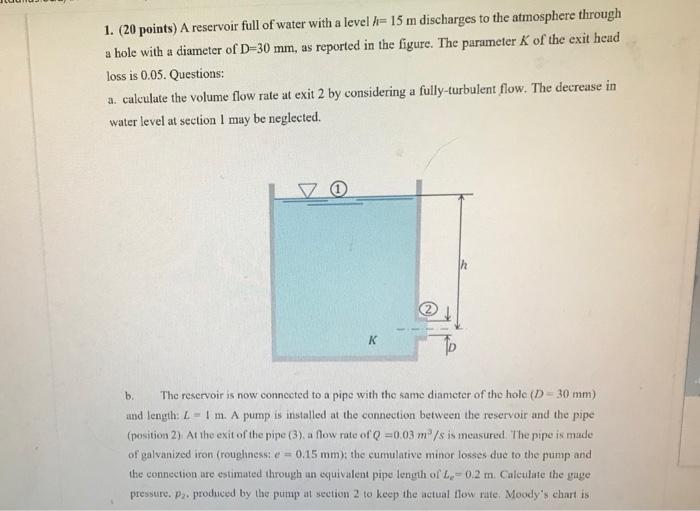 Solved 1. (20 points) A reservoir full of water with a level | Chegg.com
