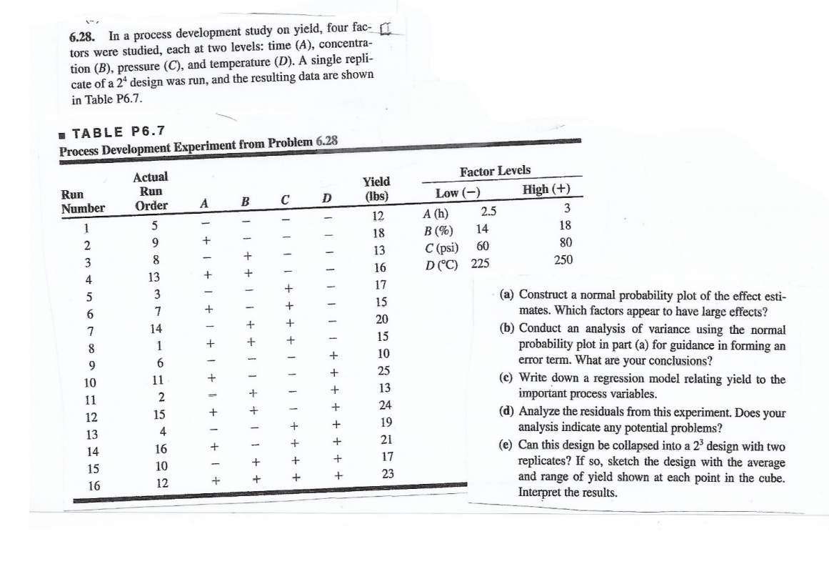 Solved 6.28. In a process development study on yield, four | Chegg.com