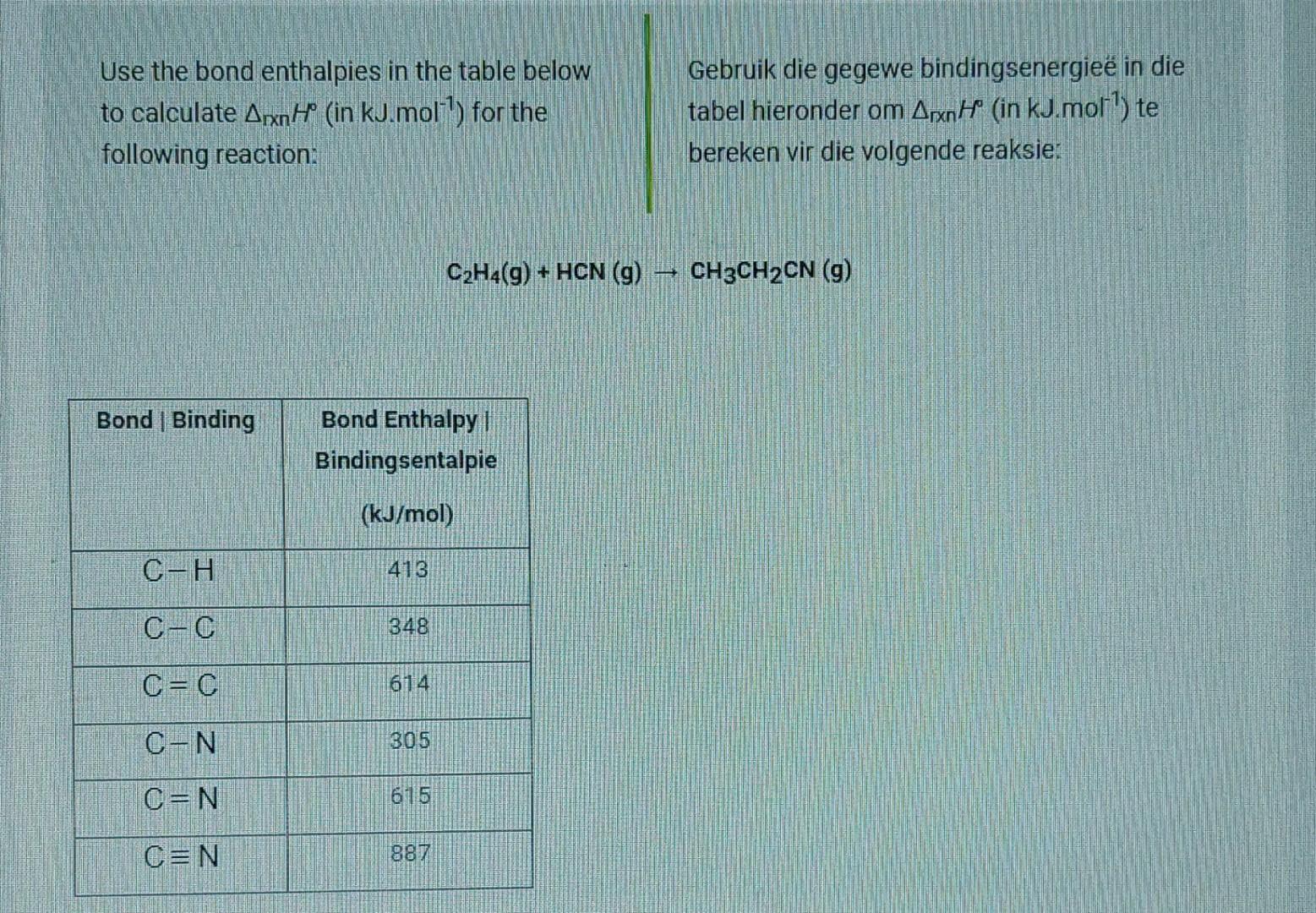 Solved Use the bond enthalpies in the table below to Chegg