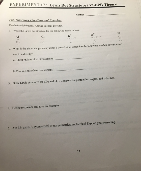 Experiment 17 Lewis Dot Structure Vsepr Theory Chegg 