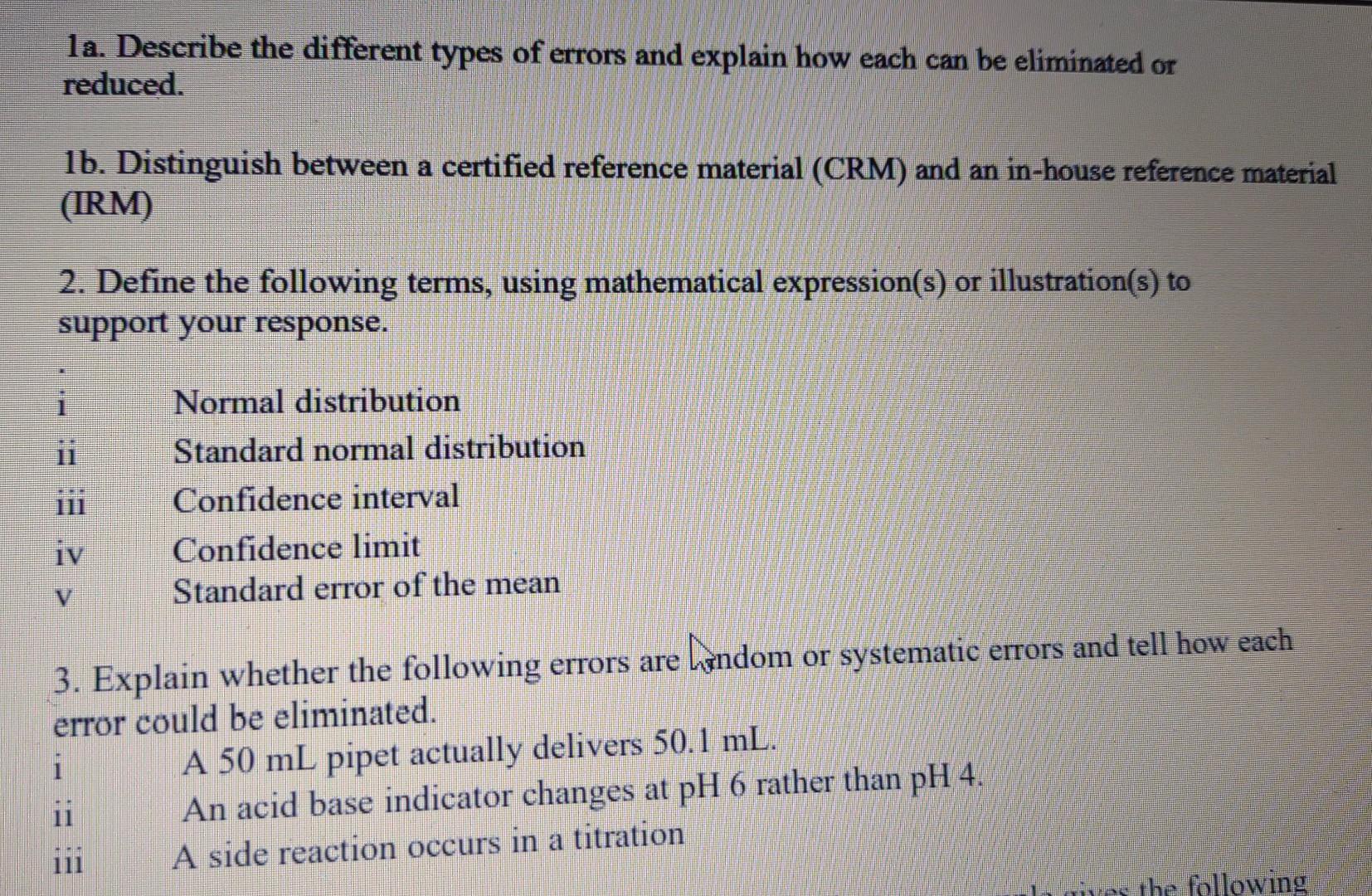 Solved 1a. Describe the different types of errors and | Chegg.com