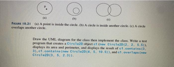 Ficure \( 10.21 \) (a) A point is inside the circle. (b) A circle is inside another circle. (c) A circle overlaps another cir