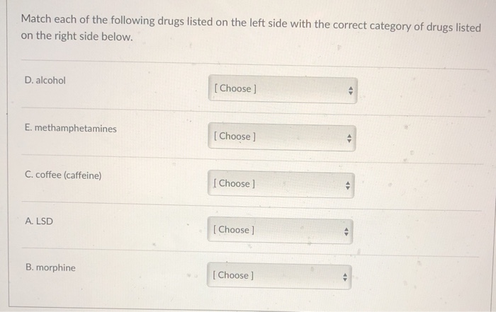Solved Match each of the following drugs listed on the left | Chegg.com