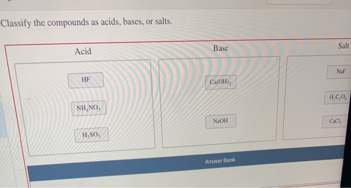 Solved Classify The Compounds As Acids Bases Or Salts Chegg Com