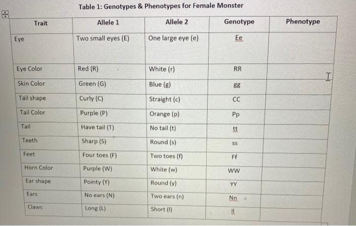 Solved Table 1: Genotypes & Phenotypes for Female Monster | Chegg.com