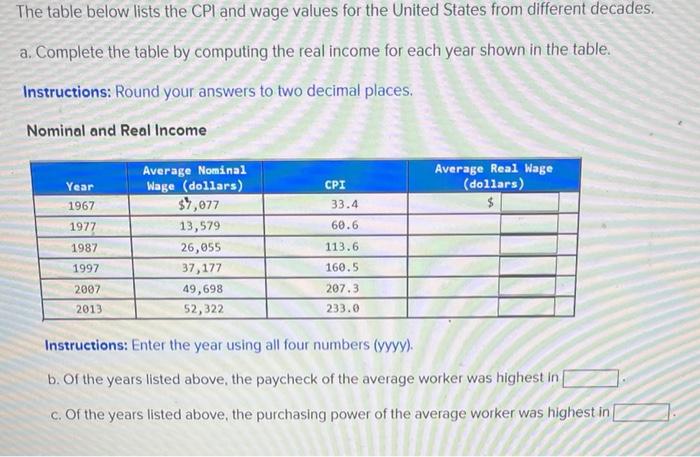 The table below lists the CPI and wage values for the United States from different decades.
a. Complete the table by computin