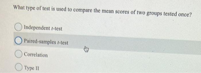 Solved What type of test is used to compare the mean scores | Chegg.com