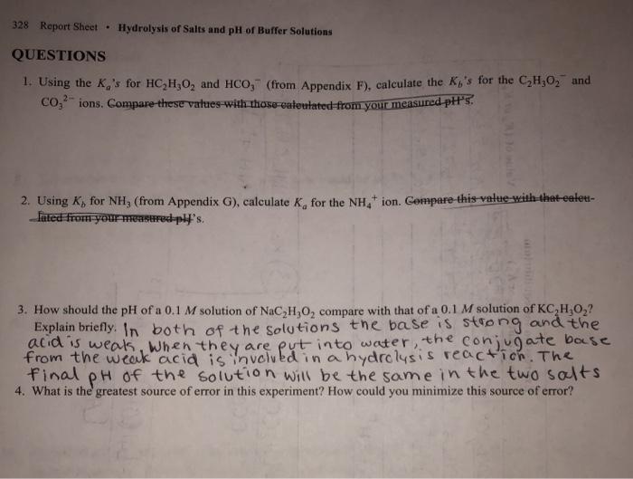 Solved 328 Report Sheet . Hydrolysis of Salts and pH of