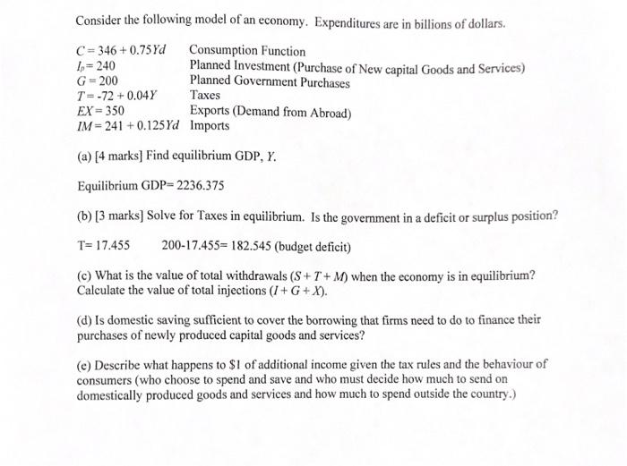 Solved Consider The Following Model Of An Economy. | Chegg.com