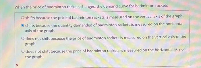 Solved When the price of badminton rackets changes, the | Chegg.com