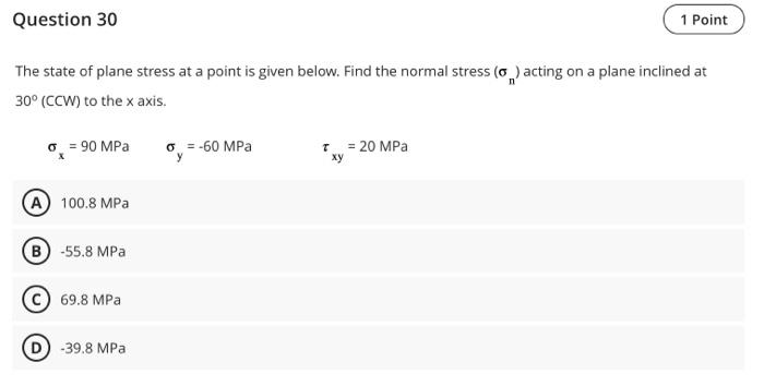 Solved The state of plane stress at a point is given below. | Chegg.com