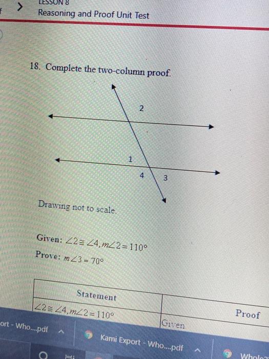 Solved > LESSON 8 Reasoning and Proof Unit Test 18. Complete | Chegg.com