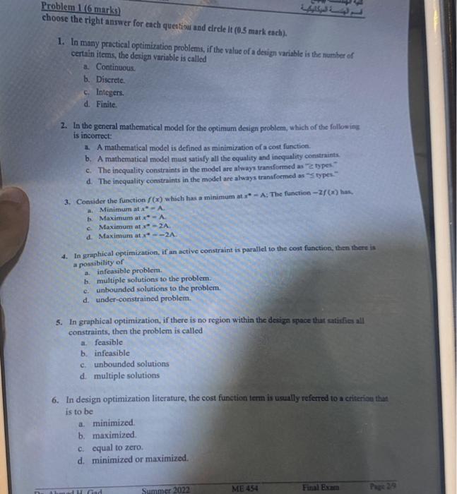 Solved 1. In many practical optimization problems, if the | Chegg.com