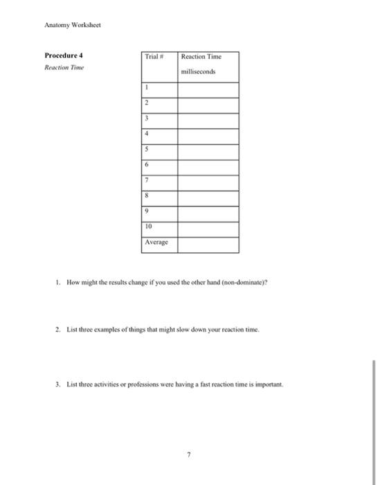 Solved Anatomy Worksheet Procedure 4 Reaction Time Trial