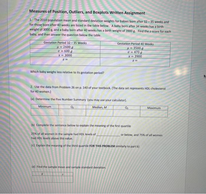 Solved Measures Of Position Outliers And Boxplots Written Chegg Com