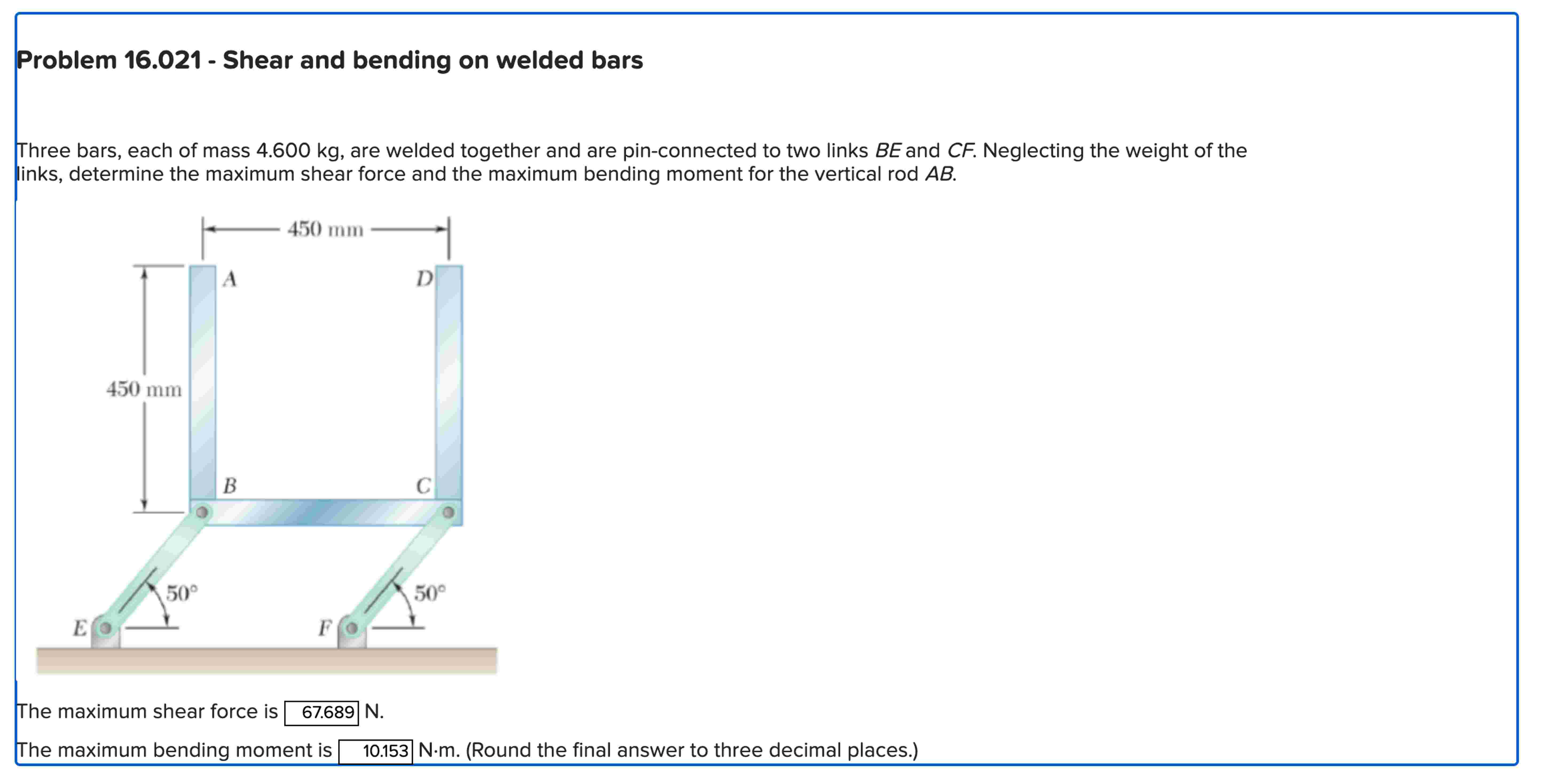 Problem 16.021 - ﻿Shear and bending on welded bars | Chegg.com
