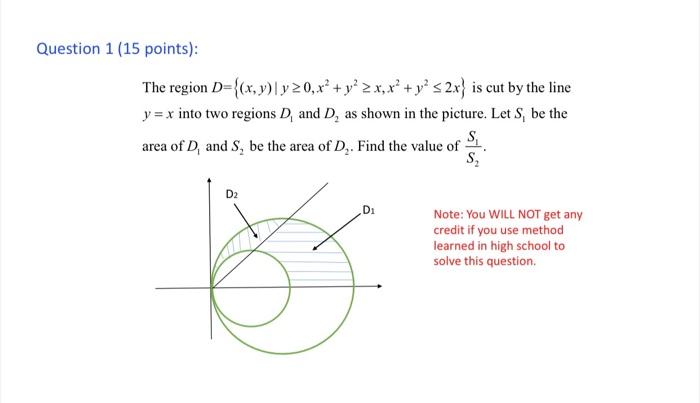 Solved The region D={(x,y)∣y≥0,x2+y2≥x,x2+y2≤2x} is cut by 