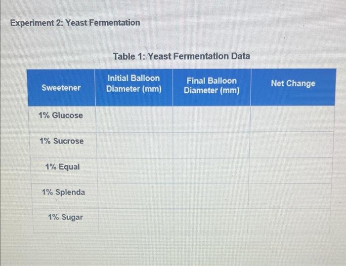 Experiment 2 Yeast Fermentation Table 1 Yeast