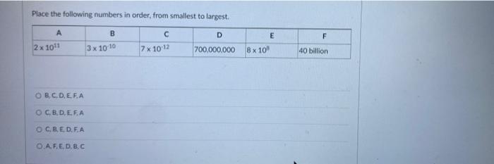 Solved Place the following numbers in order, from smallest | Chegg.com