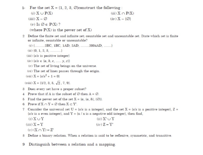 Solved 1 For The Set X 1 2 3 O Construct The Follo Chegg Com