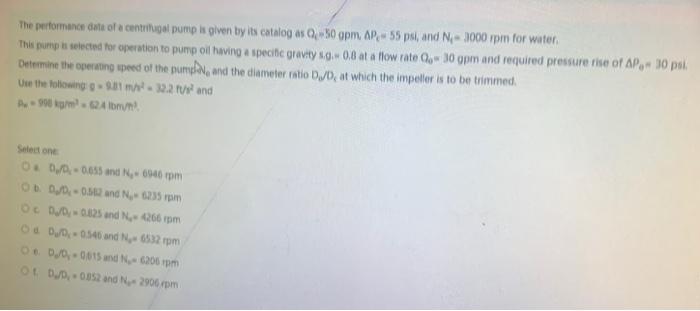 Solved The performance data of a centrifugal pump is given | Chegg.com