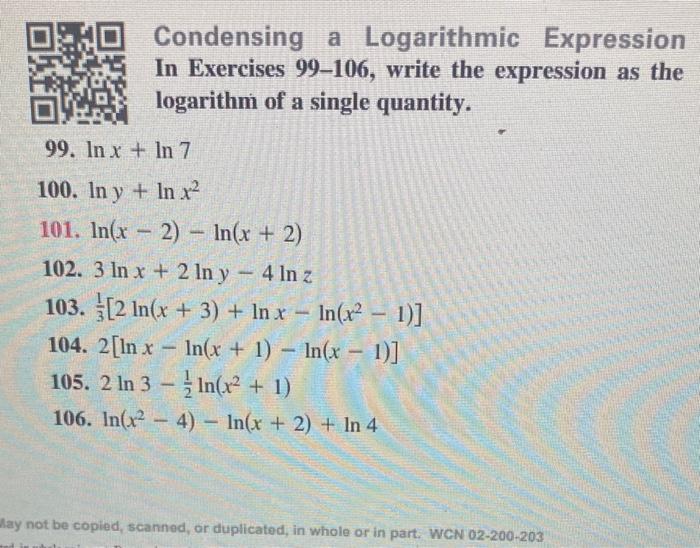 Solved Condensing a Logarithmic Expression In Exercises