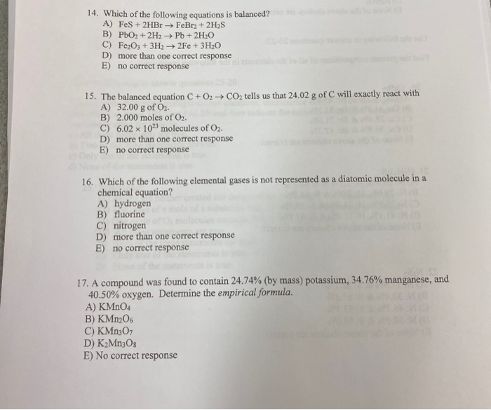 Solved 14. Which Of The Following Equations Is Balanced? A) | Chegg.com