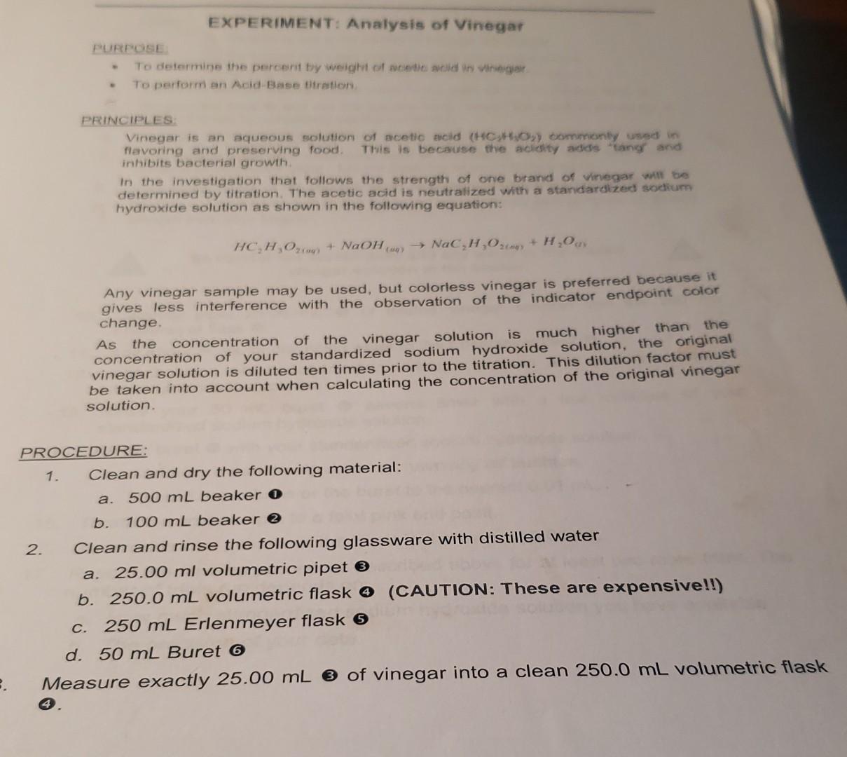 EXPERIMENT: Analysis of Vinegar To determine the | Chegg.com