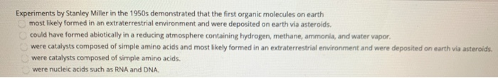 Solved Experiments by Stanley Miller in the 1950s | Chegg.com