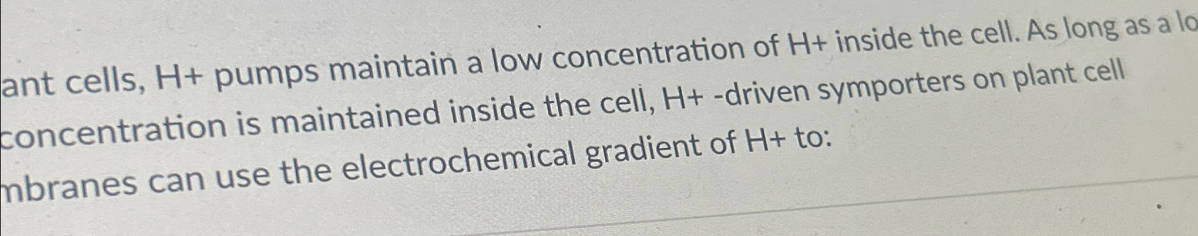 Solved ant cells, H+ ﻿pumps maintain a low concentration of | Chegg.com