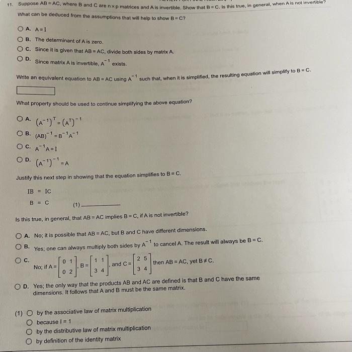 Solved Suppose AB=AC, where B and C are n×p matrices and A | Chegg.com