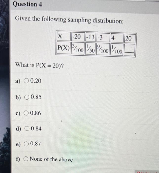 Solved Question 4 Given the following sampling distribution: | Chegg.com