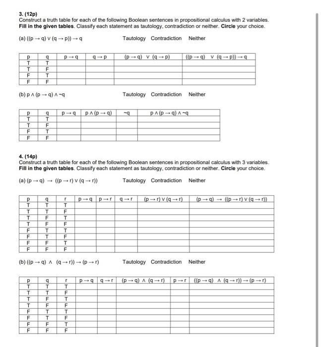 Solved 3. (12p) Construct a truth table for each of the | Chegg.com