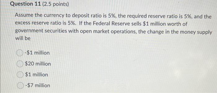 Solved Assume the currency to deposit ratio is 5%, the | Chegg.com