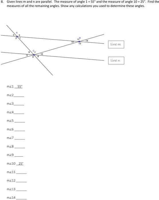 Solved 8. Given lines m and n are parallel. The measure of | Chegg.com