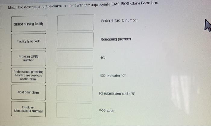 Match the description of the claims content with the appropriate CMS 1500 Claim Form box Federal Tax ID number Skilled nursin