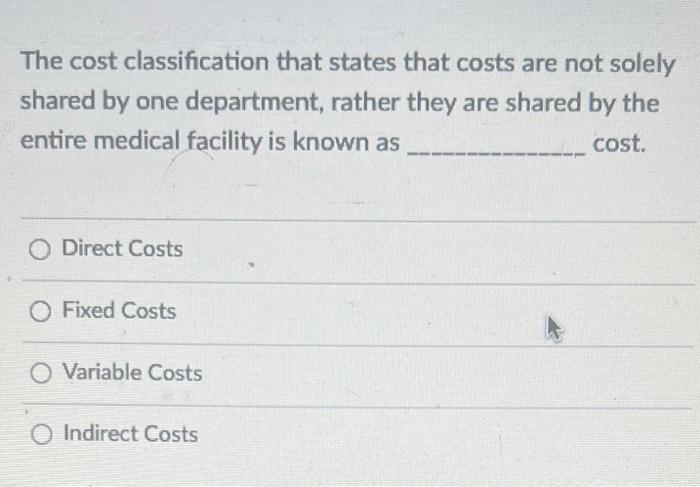 Solved The cost classification that states that costs are | Chegg.com