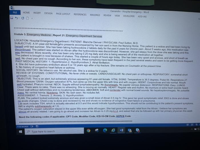 FILE HOME INSERT DESIGN PAGE LAYOUT REFERENCES Cassandra - Hospital Emergency Word REVIEW VIEW DEVELOPER ADD-INS MAILINGS +++