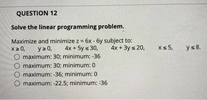Solved QUESTION 12 Solve the linear programming problem. = | Chegg.com