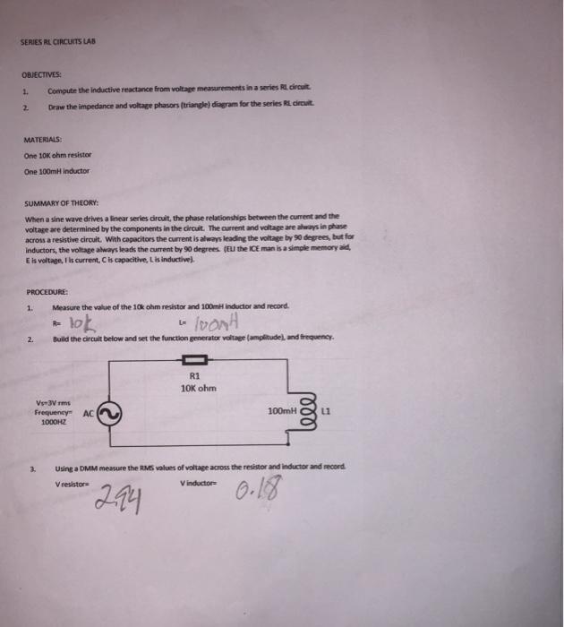 Solved SERIES RL CIRCUITS LAB OBJECTIVES: 1. Compute the | Chegg.com