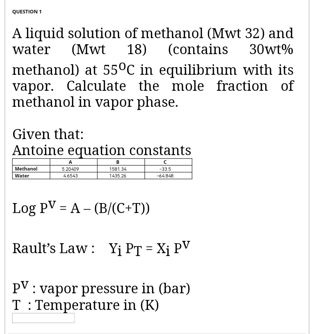 Solved QUESTION 1 A liquid solution of methanol (Mwt 32) and | Chegg.com